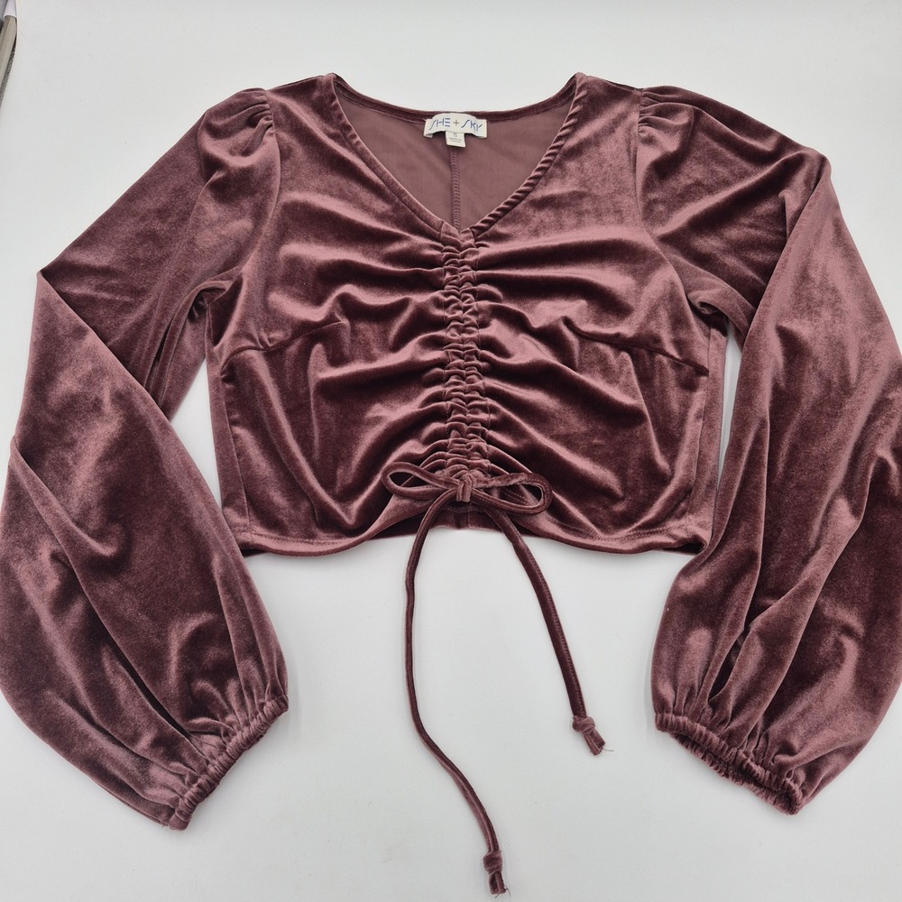 She + Sky Mauve Velvet Ruched Front Crop Top Long Balloon Sleeve V-Neck SS8755 S
